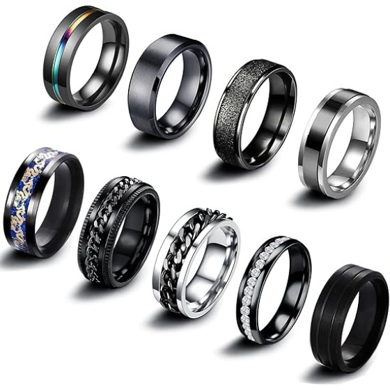 9Pcs Stainless Steel Band Rings for Men Women Cool Fidget Spinning Chain Ring Anxiety Relief Fashion Simple Wedding Engagement Black Ring Set