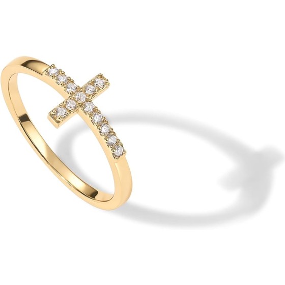 14K Gold Plated Cubic Zirconia Cross Ring for Women - Eternity Promise Ring for Her - Infinity Religious Wedding Band
