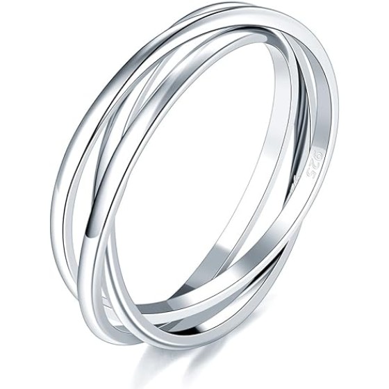 925 Sterling Silver Ring, 14K Gold Plated Waterproof Fidget Anxiety Ring, Triple Row Rolling Interlocking Stacking High Polish Band for Women, Men| Each Band Width 1.8mm 3mm Size 4-12