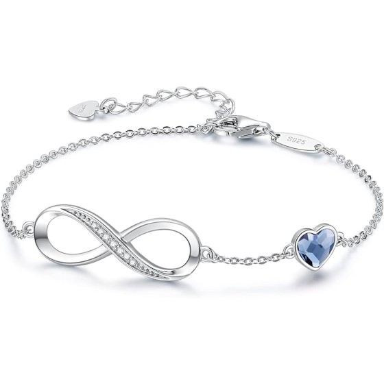 Valentine's Day Gift Infinity Heart Birthstone Charm Link Bracelet for Women 925 Sterling Silver Adjustable Mother's Day Christmas Day Gift Anniversary Birthday Jewelry for Wife Girlfriend Her