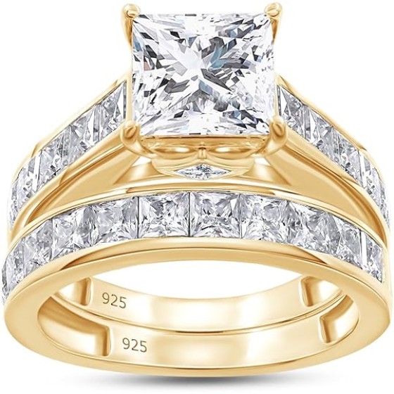 Princess Cut Bridal Set Ring, 7MM Center, Lab Created Moissanite, 3 Cttw or 4 Cttw, 925 Sterling Silver, 10K & 14K Gold, Engagement & Wedding Jewelry for Women