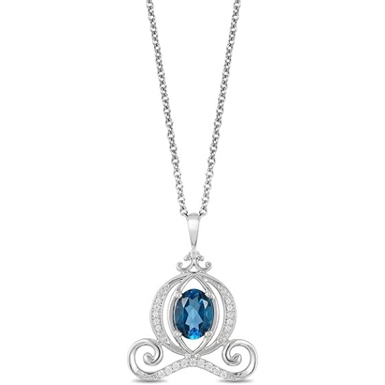 Jewelili Enchanted Disney Fine Jewelry Cinderella Carriage Pendant Necklace for Women | Sterling Silver | London Blue Topaz & 1/10 CTTW Diamonds | 18" Cable Chain | Princess Jewelry Gifts for Her